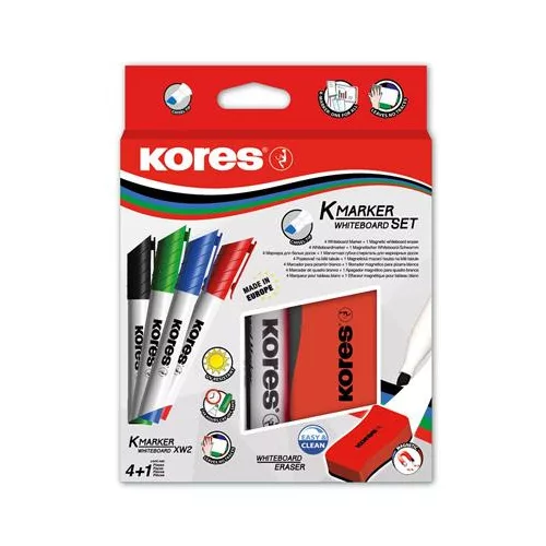 Tábla- és flipchart marker készlet mágneses táblatörlő szivaccsal, 3-5 mm, vágott, KORES, 4 különböző szín