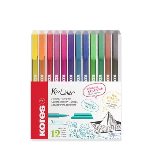 Tűfilc készlet, 0,4 mm, KORES "K-Liner", 12 különböző szín