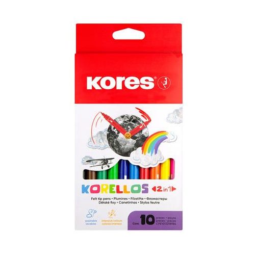 Filctoll készlet, 1-3 mm, kimosható, KORES "Korellos 2in1", 10 különböző szín