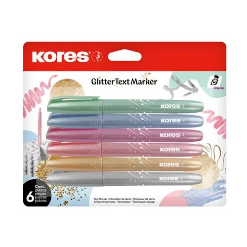 Szövegkiemelő készlet, 3-5 mm, KORES "Glitter", 6 különböző csillámos szín