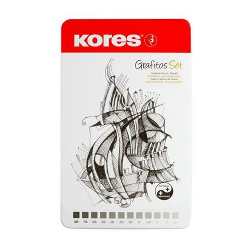 Grafitceruza készlet, fém doboz, háromszögletű, KORES "GRAFITOS", 12 különböző keménység