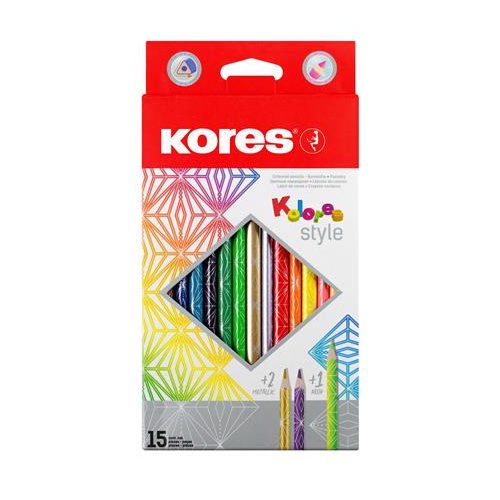 Színes ceruza készlet, háromszögletű, KORES "Kolores Style", 15 különböző szín