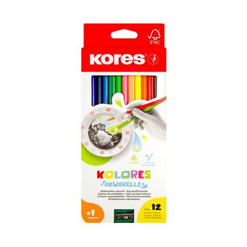 Akvarell ceruza készlet, hegyezővel, ecsettel, KORES, 12 különböző szín