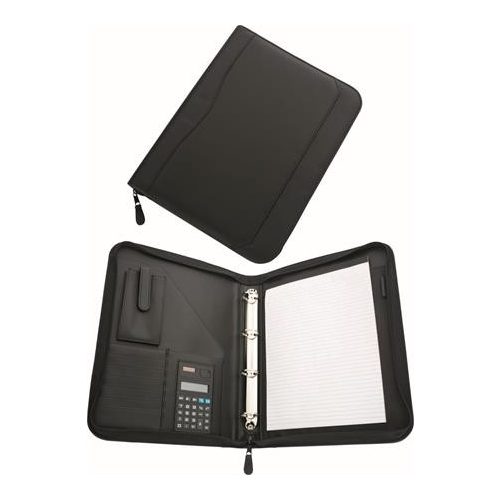 Konferencia mappa, A4, műbőr, gyűrűs szerkezettel, számológéppel, fekete