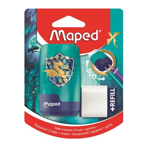 Hegyező és radír, kétlyukú, tartályos, pótradírral, MAPED "Connect Dragon", sárkány