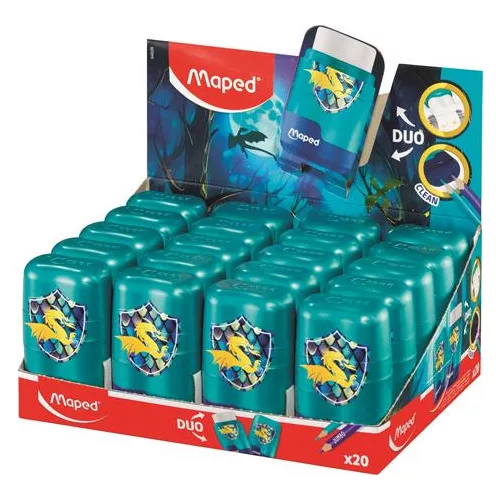 Hegyező és radír display, kétlyukú, tartályos, MAPED "Connect Dragon", sárkány