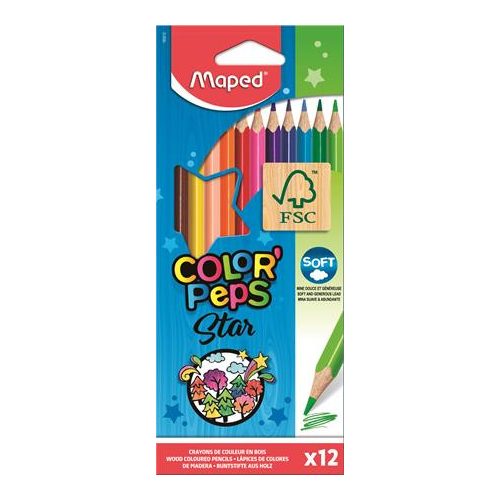 Színes ceruza készlet, háromszögletű, MAPED "Color'Peps Star", 12 különböző szín