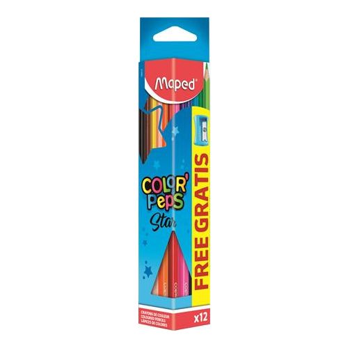 Színes ceruza készlet, háromszögletű, hegyezővel, MAPED "Color'Peps Star", 12 különböző szín