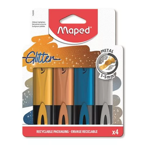 Szövegkiemelő készlet, 1-5 mm, MAPED "Glitter Fluo Peps", 4 különböző metálfényű szín