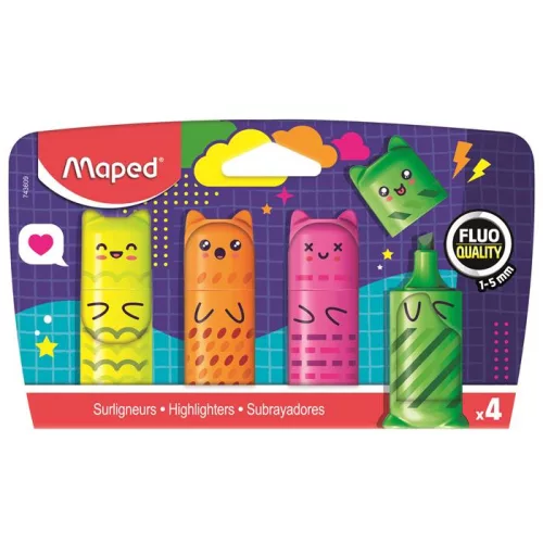 Szövegkiemelő készlet, 1-5 mm, MAPED „Fluo Peps Mini Kawaii”, 4 különböző szín