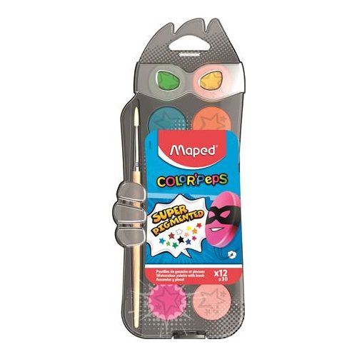 Vízfesték, 12 szín, 30 mm átm/szín + ajándék ecset, MAPED
