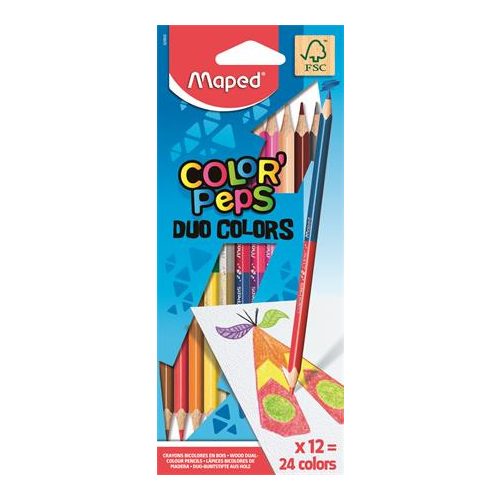 Színes ceruza készlet, kétvégű, háromszögletű, MAPED "Color'Peps Duo", 24 különböző szín