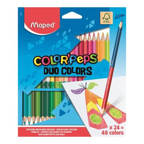 Színes ceruza készlet, háromszögletű, kétvégű, MAPED "Color'Peps Duo", 48 különböző szín