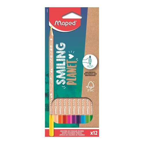 Színes ceruza készlet, háromszögletű, FSC, MAPED "Smiling Planet", 12 különböző szín