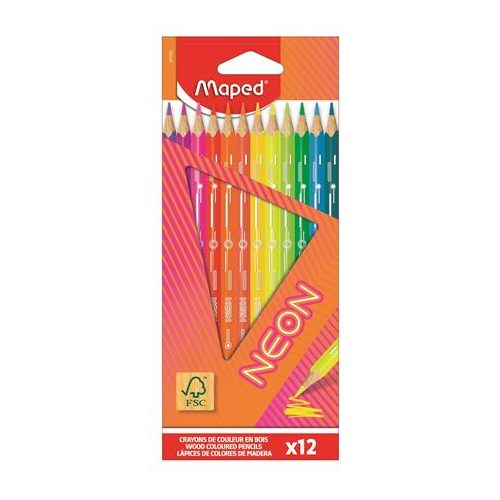 Színes ceruza készlet, háromszögletű, MAPED "Neon", 12 különböző szín