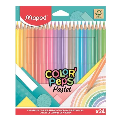 Színes ceruza készlet, háromszögletű, MAPED "Color'Peps Pastel", 24 különböző pasztell szín