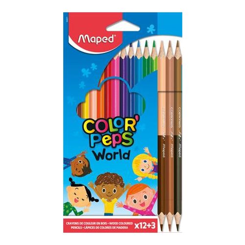 Színes ceruza készlet, háromszögletű, MAPED "Color'Peps World", 12 különböző szín + 3 kétvégű bőrtónus ceruza