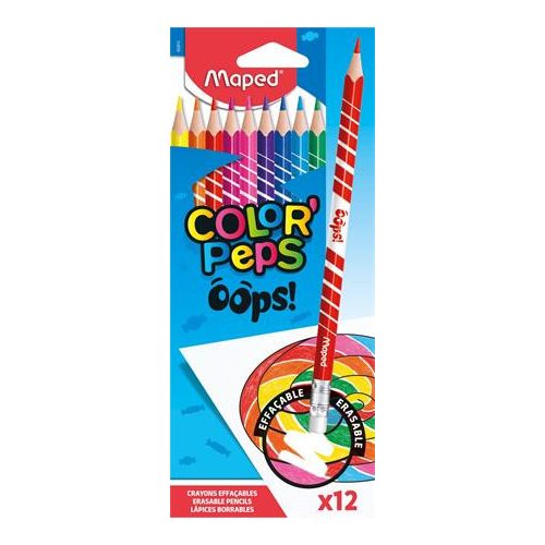 Színes ceruza készlet, háromszögletű, radírozható, MAPED "Color'Peps Oops", 12 különböző szín