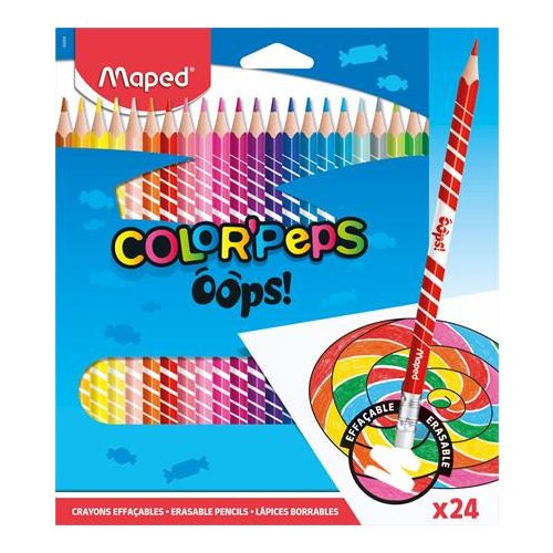 Színes ceruza készlet, háromszögletű, radírozható, MAPED "Color'Peps Oops", 24 különböző szín