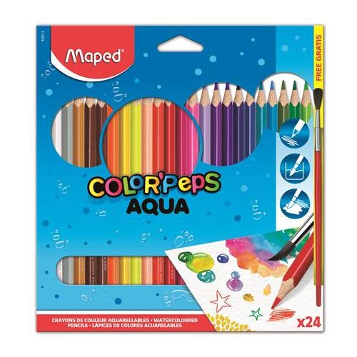 Akvarell ceruza készlet, háromszögletű, ecsettel, MAPED "Color'Peps", 24 különböző szín