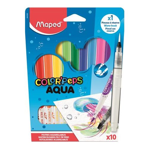Akvarell filctoll készlet, 3,6 mm, ecsettel, MAPED "Color'Peps Aqua", 10 különböző szín