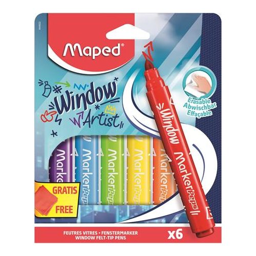 Ablakfilc készlet, vastag, törlőkendővel, 5 mm, MAPED "Marker'Peps", 6 különböző szín