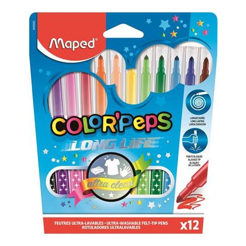 Filctoll készlet, 1-3,6 mm, kimosható, MAPED "Color'Peps Long Life", 12 különböző szín