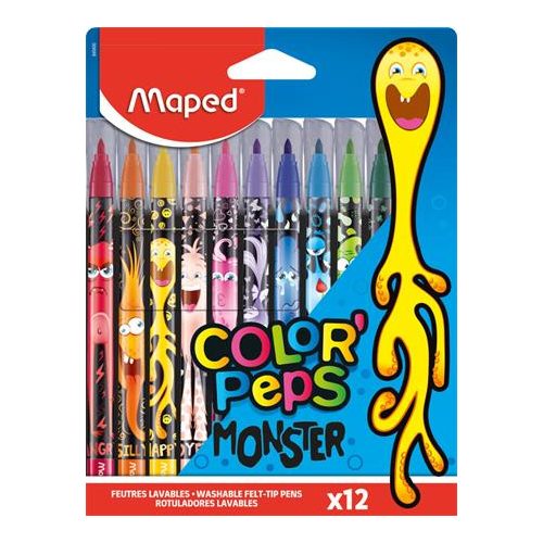 Filctoll készlet, 2,8 mm, kimosható, MAPED "Color'Peps Monster" 12 különböző szín