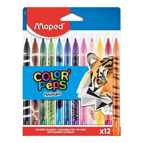 Filctoll készlet, 2,8 mm, kimosható, MAPED "Color'Peps Animals", 12 különböző szín