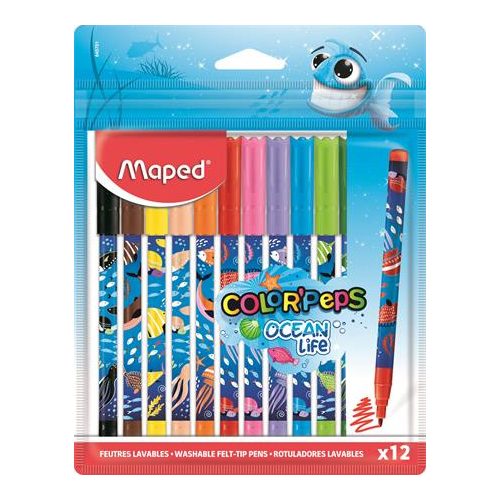 Filctoll készlet, 2 mm, kimosható, MAPED "Color'Peps Ocean Life", 12 különböző szín