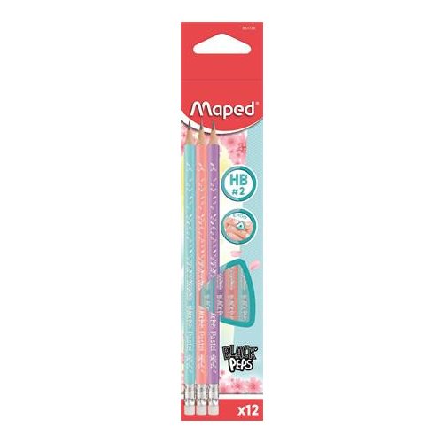 Grafitceruza radírral, HB, háromszögletű, MAPED "Black'Peps Pastel", vegyes pasztell színek