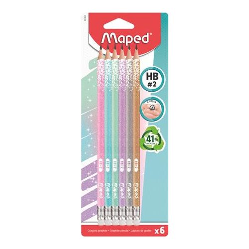 Grafitceruza radírral, HB, háromszögletű, MAPED "Black'Peps Glitter Deco", vegyes pasztell színek