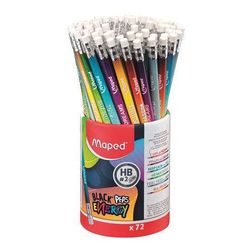 Grafitceruza radírral, ceruzatartó, HB, háromszögletű, MAPED "Black'Peps Energy", 6 különböző minta