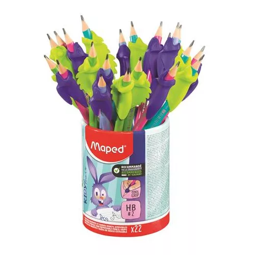 Írástanuló grafitceruza radírral, ceruzatartó, HB, háromszögletű, ceruzafogóval, MAPED "Kidy Learn", vegyes színek