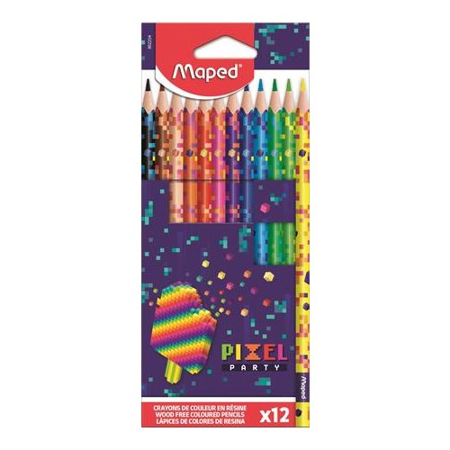 Színes ceruza készlet, háromszögletű, MAPED "Pixel Party", 12 különböző szín