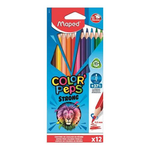 Színes ceruza készlet, háromszögletű, MAPED "Color'Peps Strong", 12 különböző szín