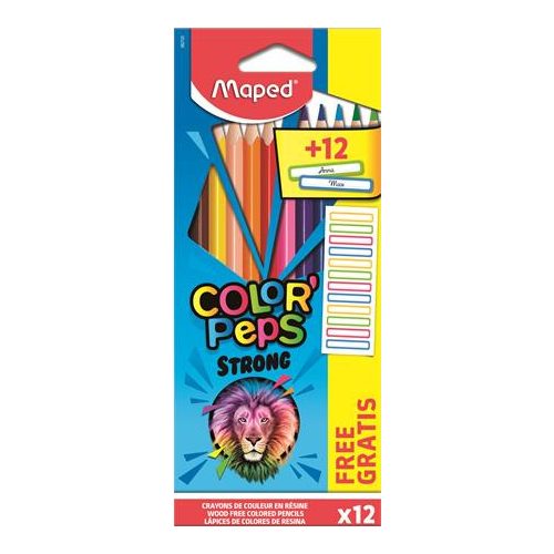 Színes ceruza készlet, háromszögletű, MAPED, "Color'Peps Strong" 12 különböző szín + 12 ajándék matrica