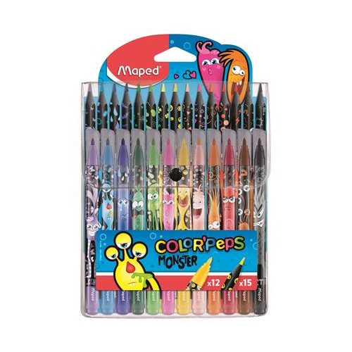 Filctoll és színes ceruza készlet, MAPED "Color'Peps Monster" 12+15 különböző szín