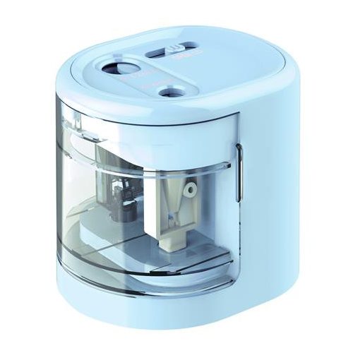 Hegyező, kétlyukú, asztali, elemes, USB töltővel, RAPESCO"PS12-USB", világoskék