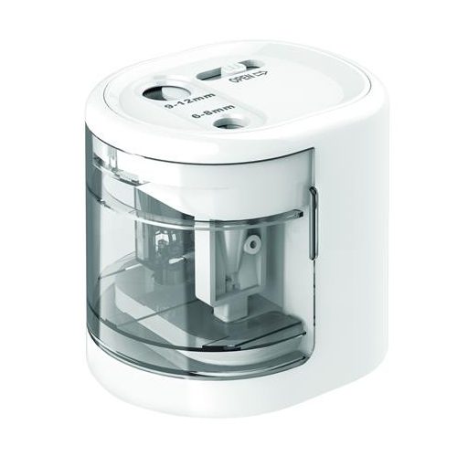 Hegyező, kétlyukú, asztali, elemes, USB töltővel, RAPESCO"PS12-USB", fehér