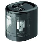 Hegyező, kétlyukú, asztali, elemes, USB töltővel, RAPESCO"PS12-USB", fekete