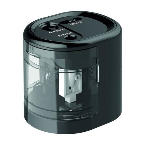 Hegyező, kétlyukú, asztali, elemes, USB töltővel, RAPESCO"PS12-USB", fekete