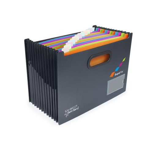 Harmonika irattartó, A4, PP, 13 rekeszes, antibakteriális, RAPESCO "SupaFile", fekete