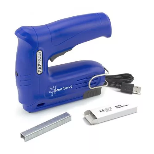 Tűzőpisztoly, vezeték nélküli, elektromos, USB, RAPESCO Germ-Savvy "T12-USB", kék