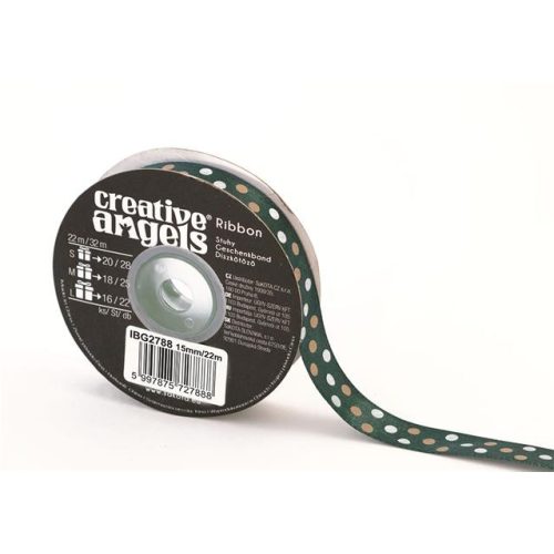 Szatén szalag, 15 mm x 22 m, sötétzöld vegyes pötyökkel