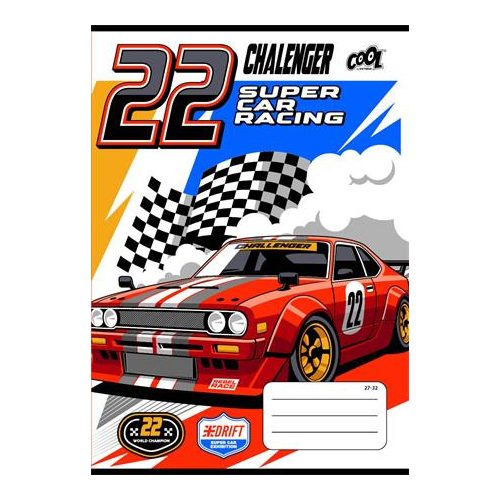 Füzet, tűzött, A5, kockás, 32 lap, COOL BY VICTORIA "Race cars", "27-32"