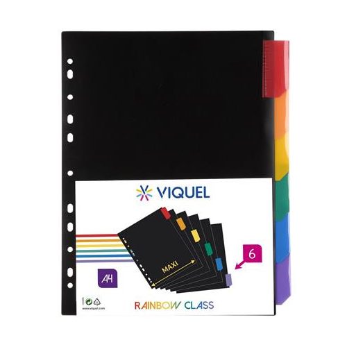 Regiszter, műanyag, A4 Maxi, 6 részes, VIQUEL "Rainbow Class", fekete