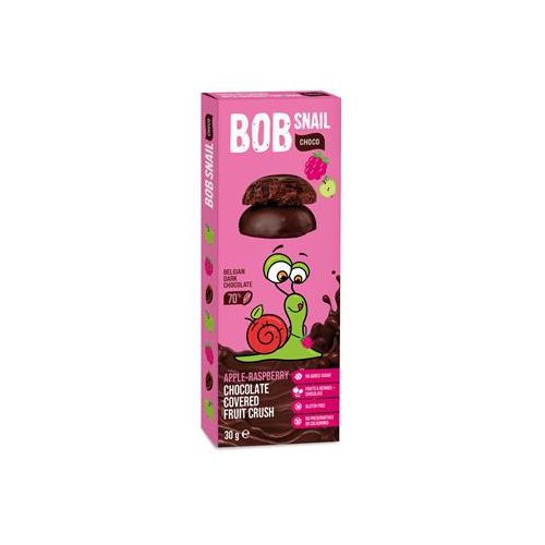 Gyümölcs snack, 30 g, BOB SNAIL, alma-málna étcsokoládéban