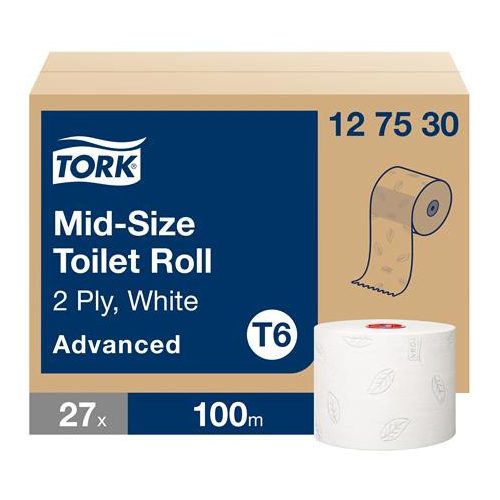 Toalettpapír, T6 rendszer, 2 rétegű, 13,2 cm átmérő, Advanced, TORK "Mid-size", fehér