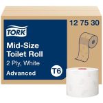 Toalettpapír, T6 rendszer, 2 rétegű, 13,2 cm átmérő, Advanced, TORK "Mid-size", fehér
